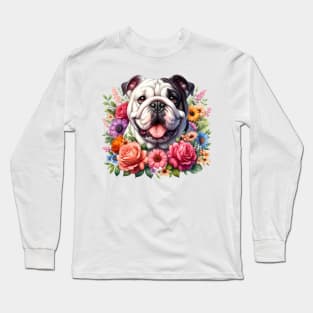 An English bulldog with beautiful colorful flowers Long Sleeve T-Shirt